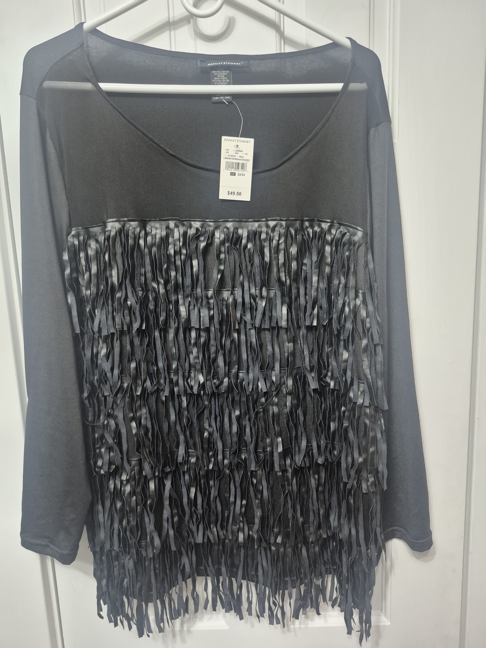 Ashley Stewart Black Long-Sleeve Fringe Front Top